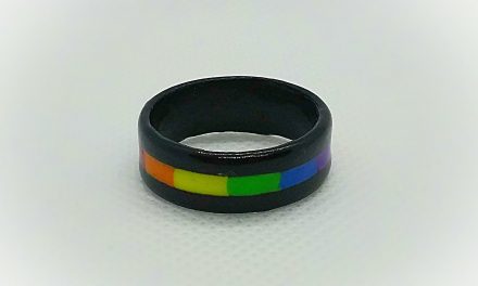 Our Rainbow Pride Ring, seen here with an ebony wood band.